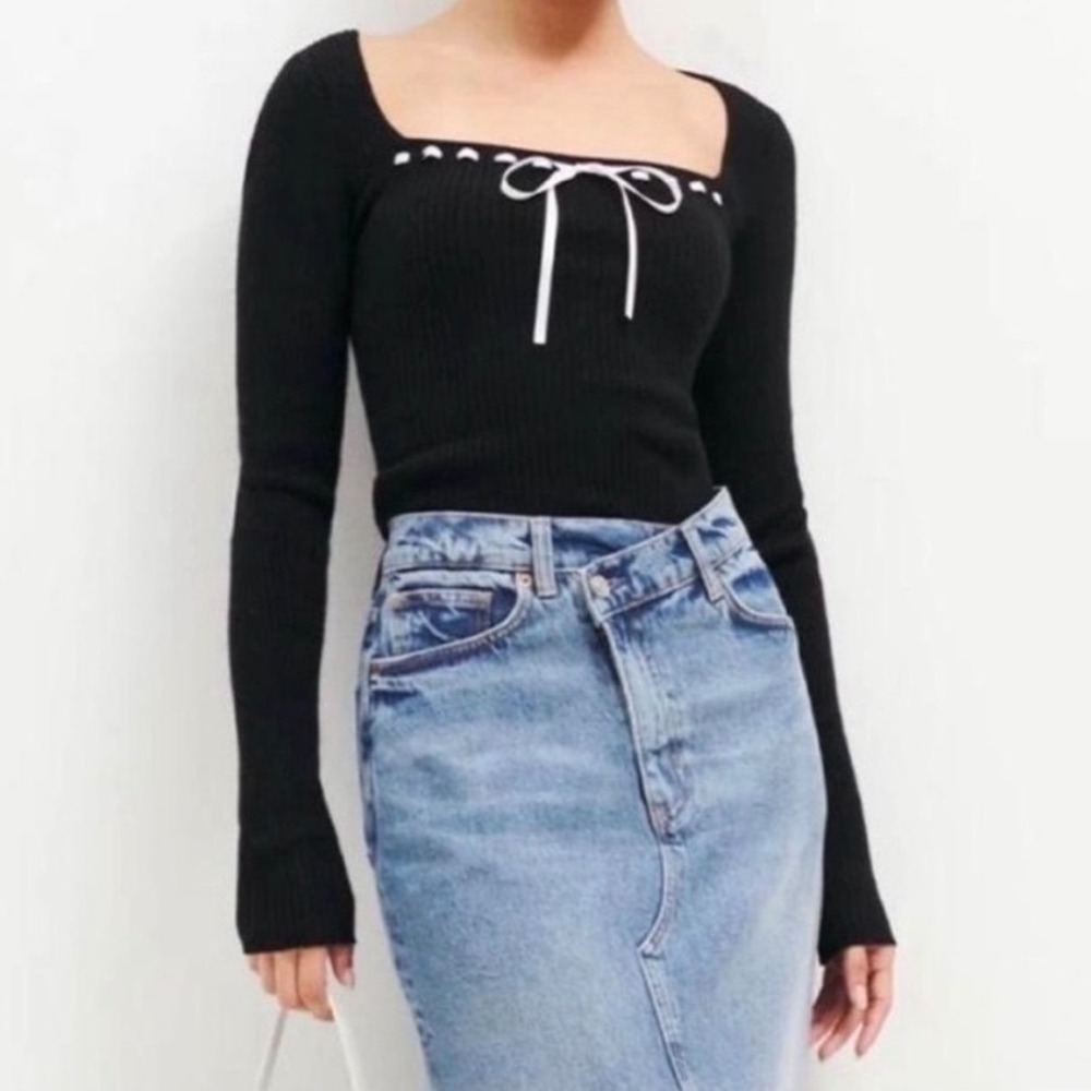 Reformation Kameron Cashmere Sweater Black Bow Square Neck Ribbed - Medium